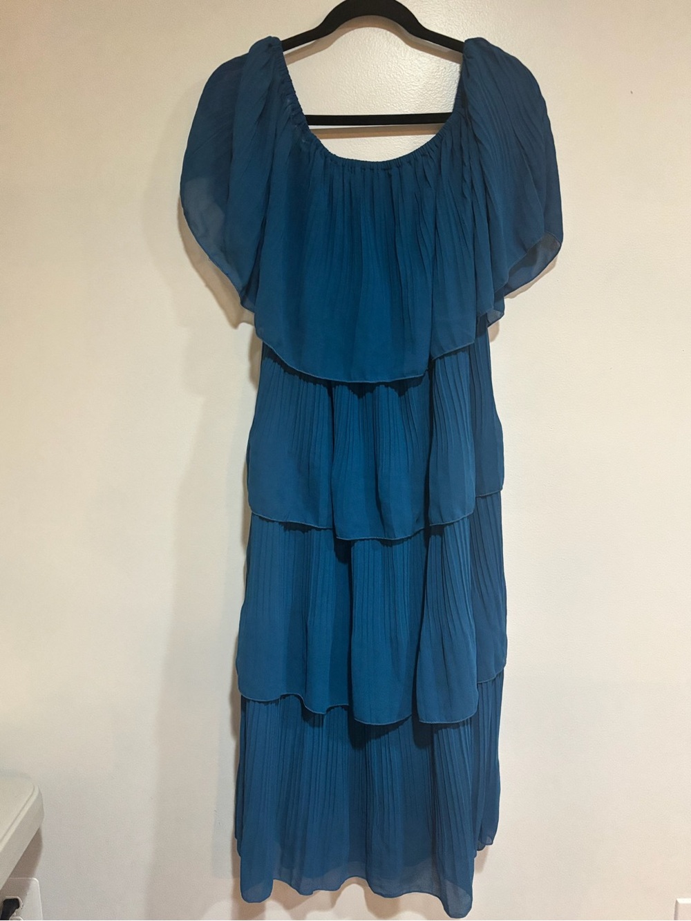 Teal Off The Shoulder Pleated Tiered Midi Dress Chiffon Ruffle Wedding Guest L